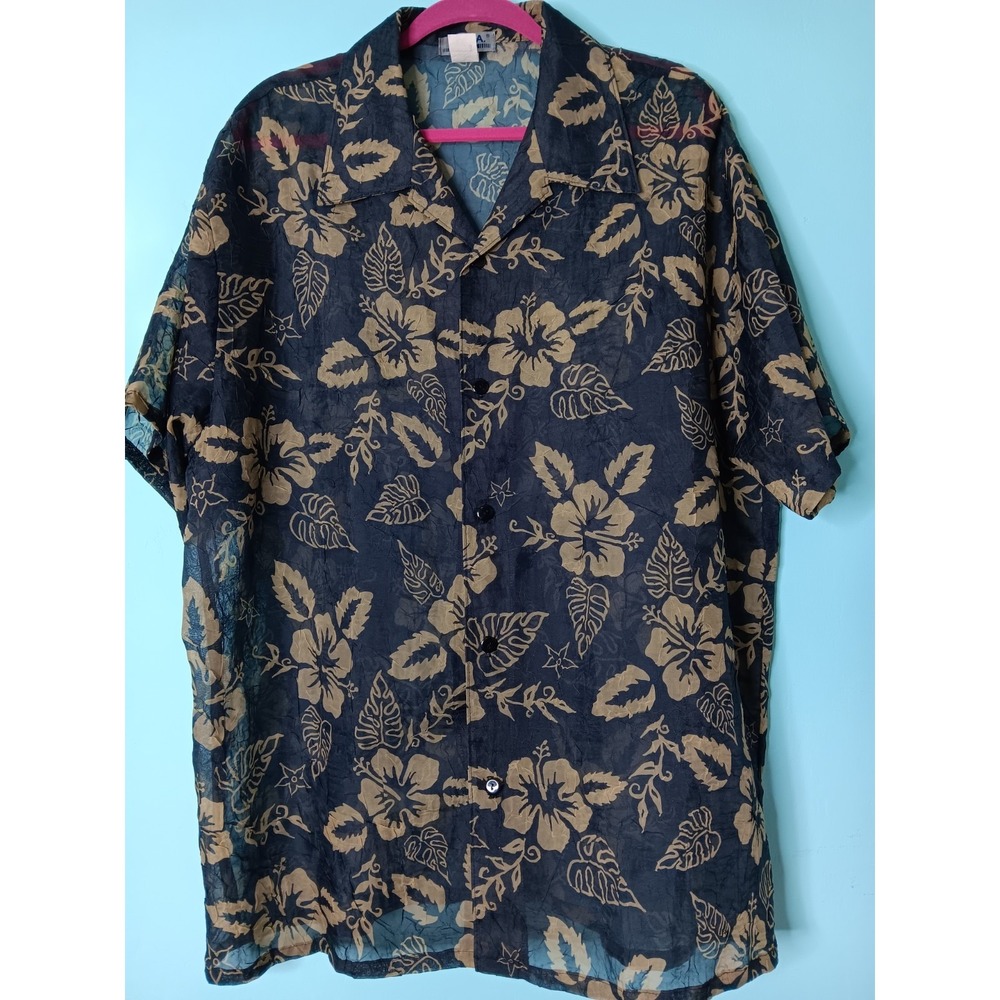 Vintage YMLA Men XL Sheer Clubbing Shirt Button Short Sleeve Black Tan 70's vibe